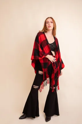 Classic Buffalo Check Tassel Poncho