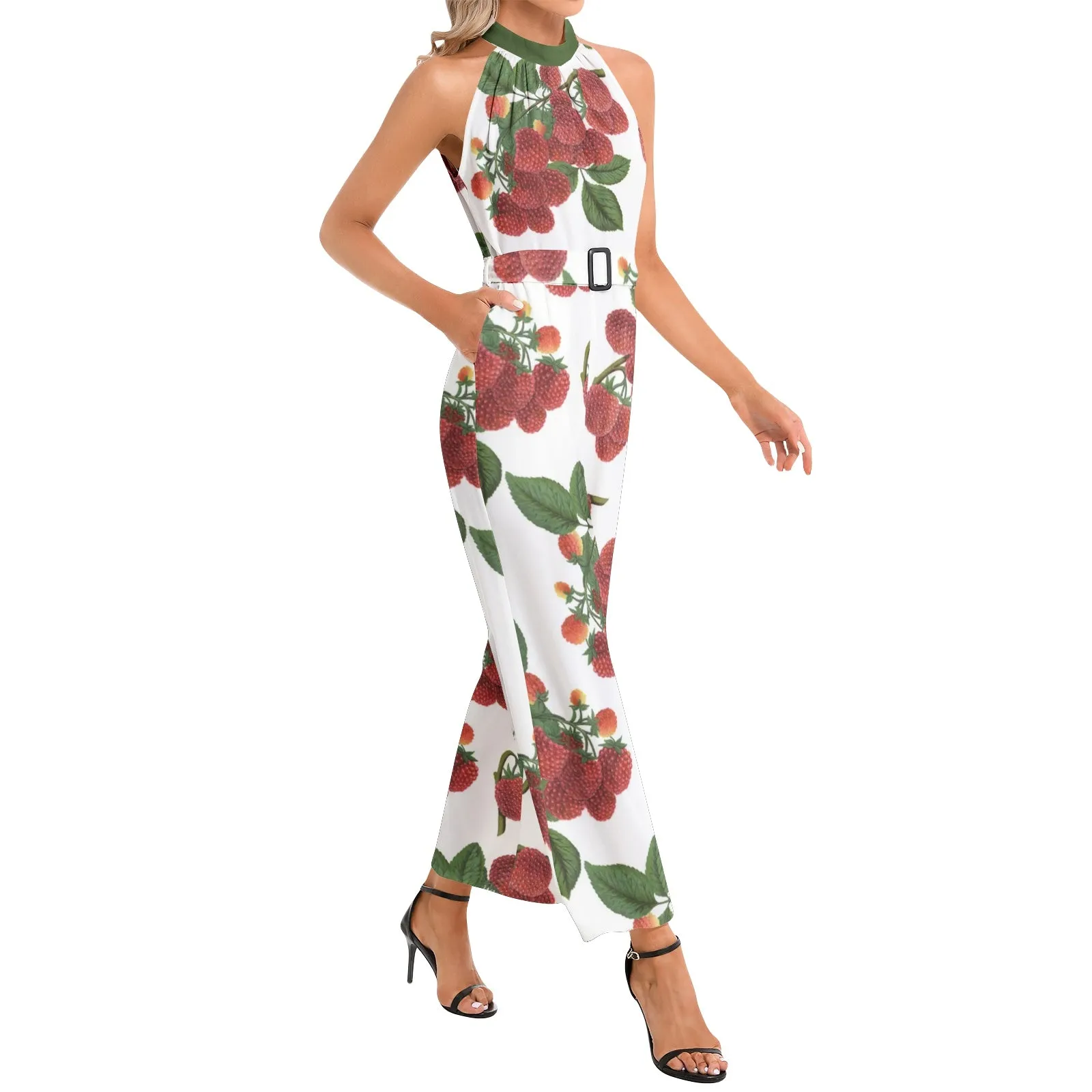 Colossal Raspberry Parfait Halter Neck Buckle Belted Jumpsuit