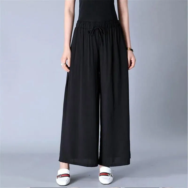 Cool Thin Wide Leg Pants - Casual Mid-Age Women's Drawstring Solid Blended Cotton Linen Pants by Asyabuykal