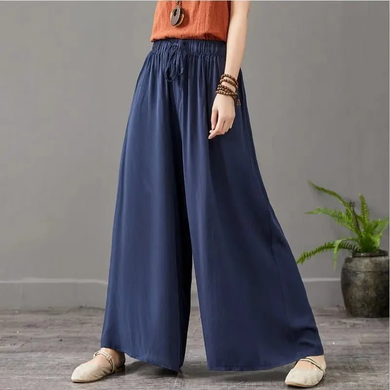 Cool Thin Wide Leg Pants - Casual Mid-Age Women's Drawstring Solid Blended Cotton Linen Pants by Asyabuykal