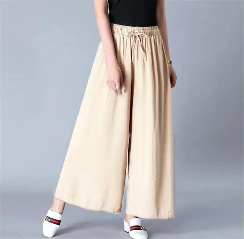 Cool Thin Wide Leg Pants - Casual Mid-Age Women's Drawstring Solid Blended Cotton Linen Pants by Asyabuykal