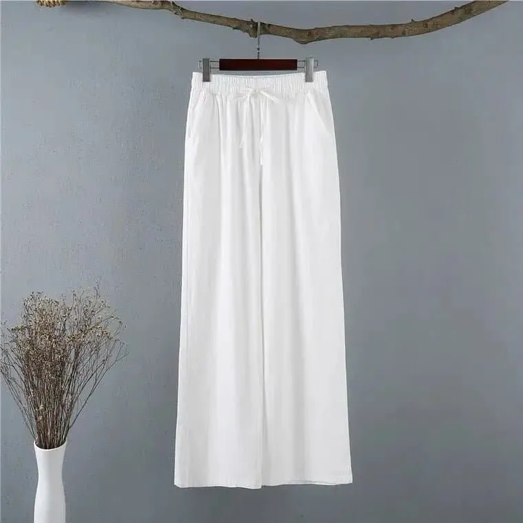 Cool Thin Wide Leg Pants - Casual Mid-Age Women's Drawstring Solid Blended Cotton Linen Pants by Asyabuykal