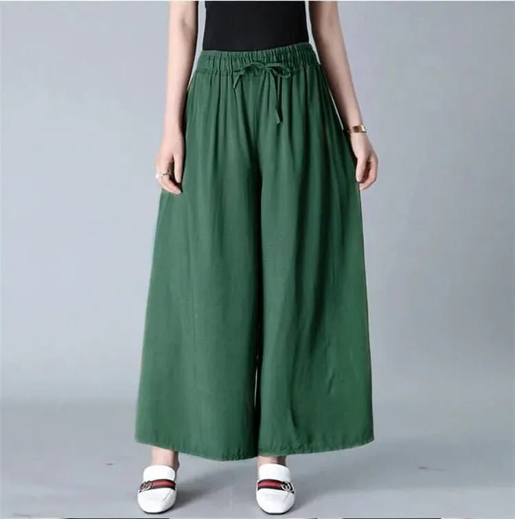 Cool Thin Wide Leg Pants - Casual Mid-Age Women's Drawstring Solid Blended Cotton Linen Pants by Asyabuykal