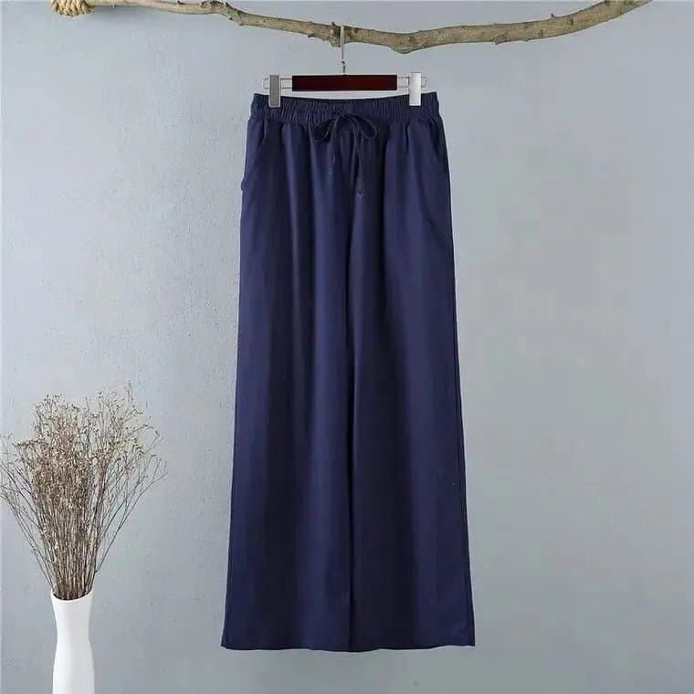 Cool Thin Wide Leg Pants - Casual Mid-Age Women's Drawstring Solid Blended Cotton Linen Pants by Asyabuykal