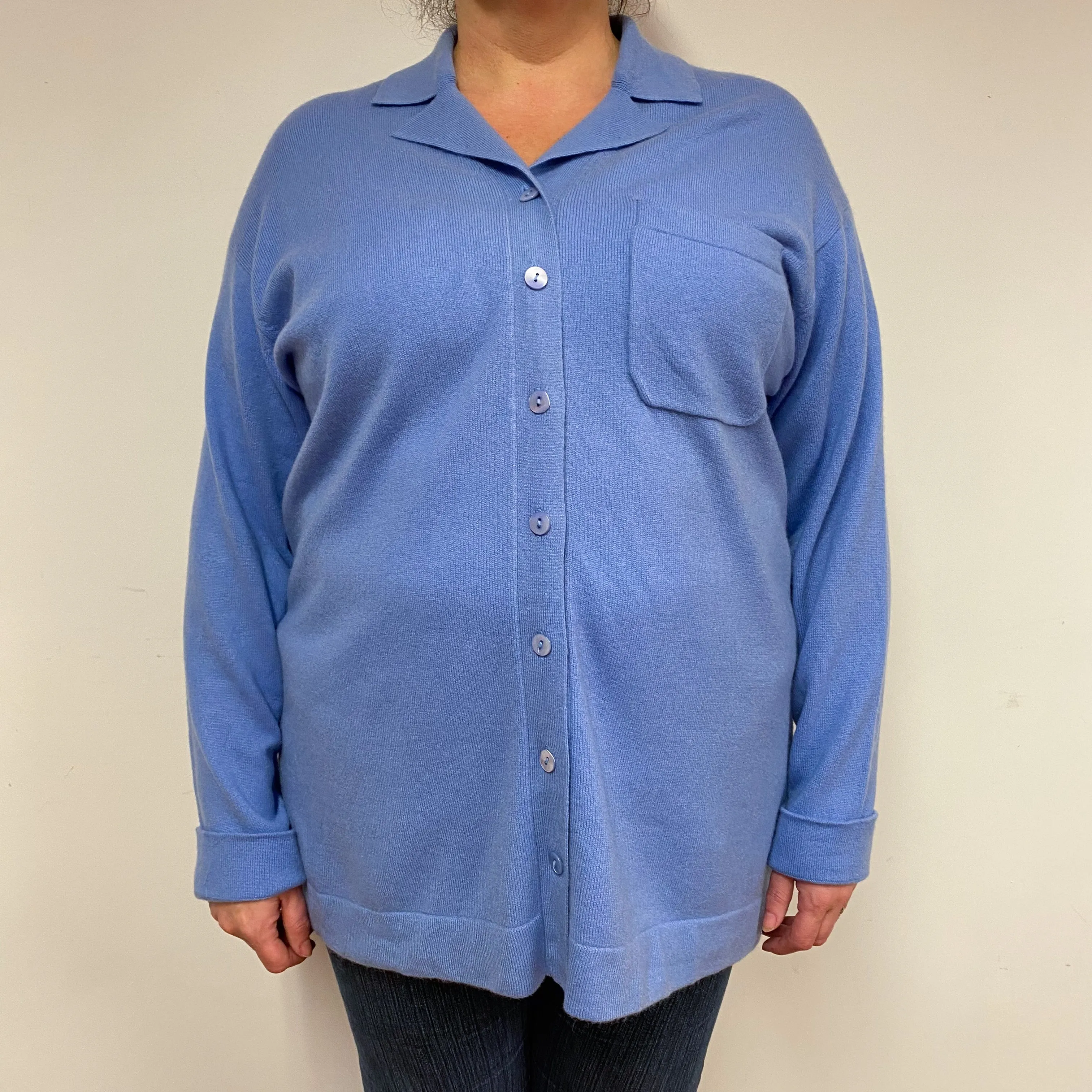 Cornflower Blue Cashmere Shirt Style Cardigan Extra Large