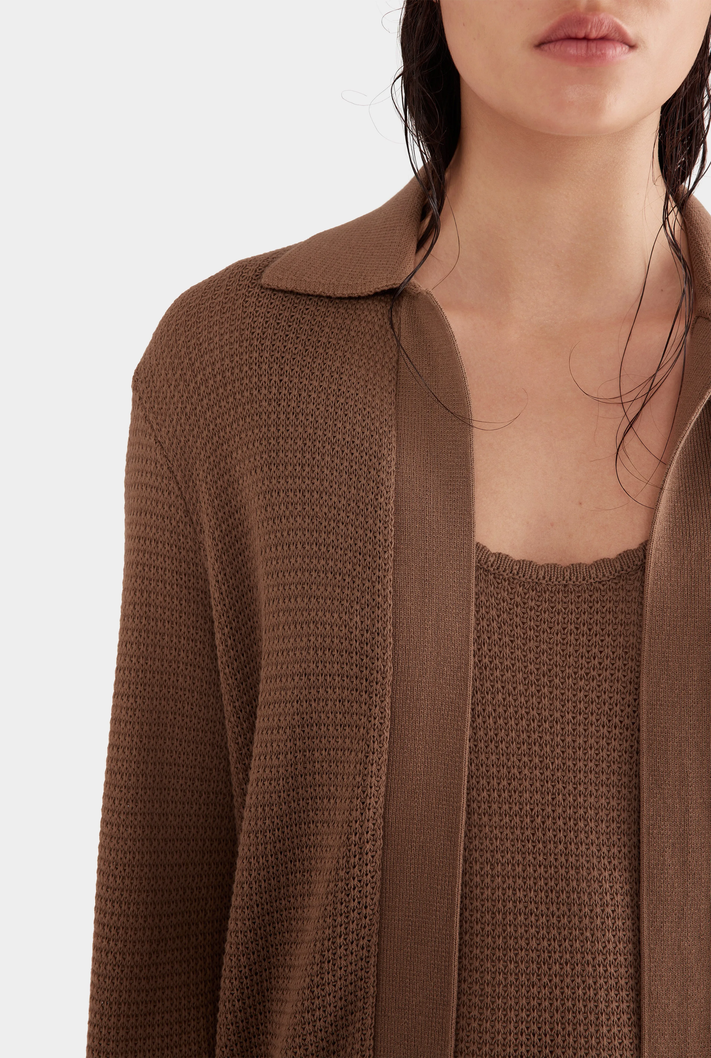 Cotton Collared Knit Cardigan - Moss Brown