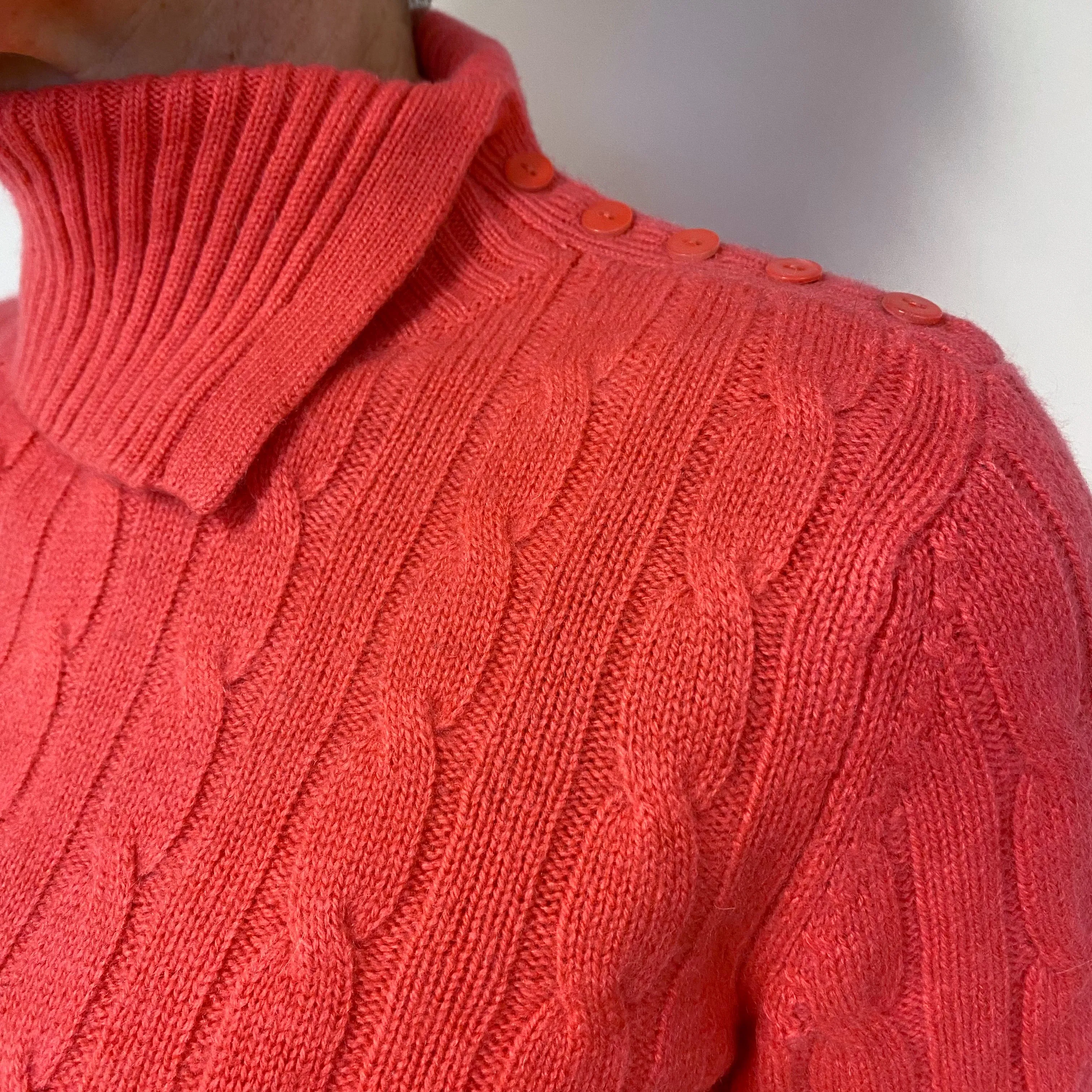 Cranberry Pink Cable Cashmere Polo Neck Jumper Medium