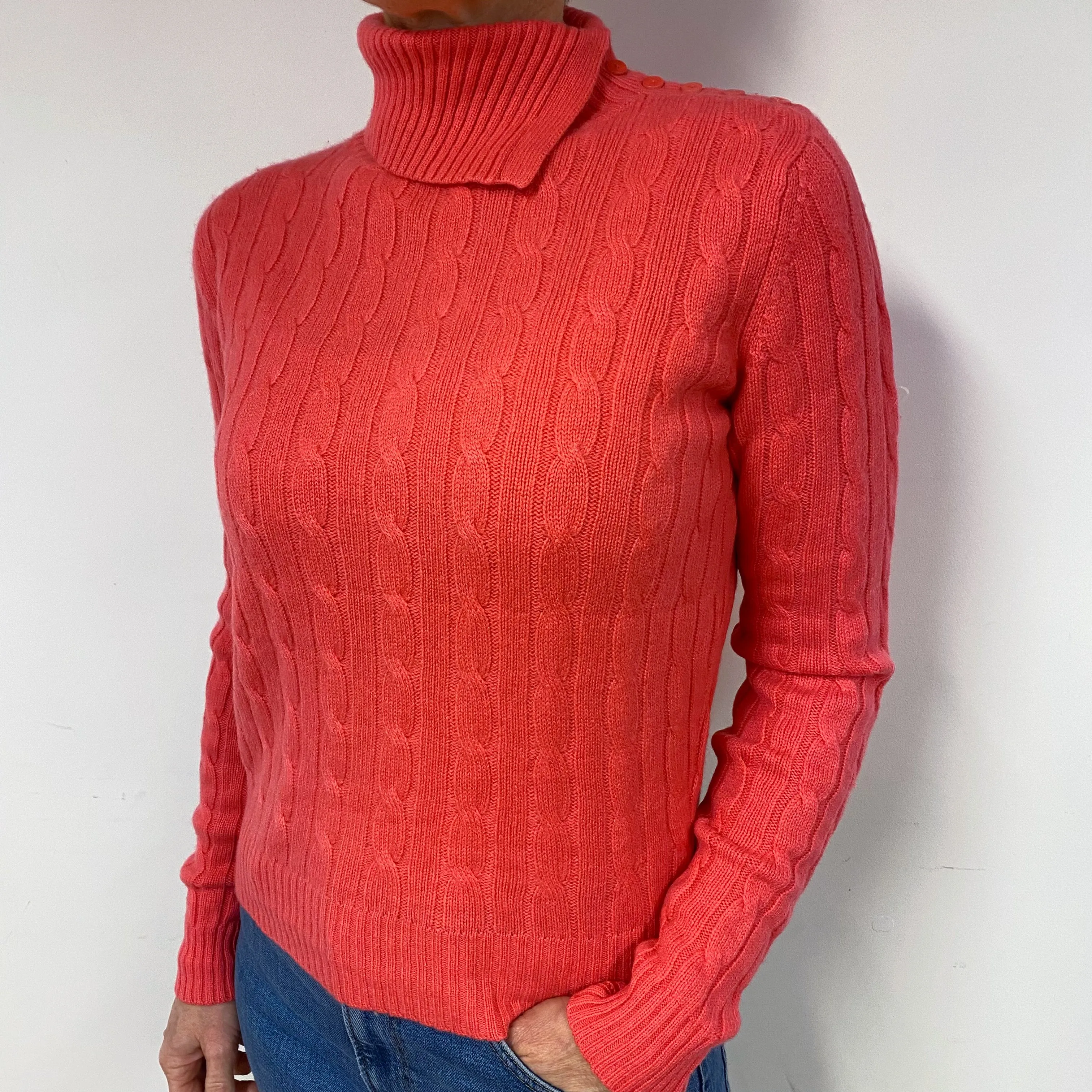 Cranberry Pink Cable Cashmere Polo Neck Jumper Medium