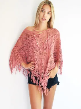 Crochet Tassel Lace-Up Poncho