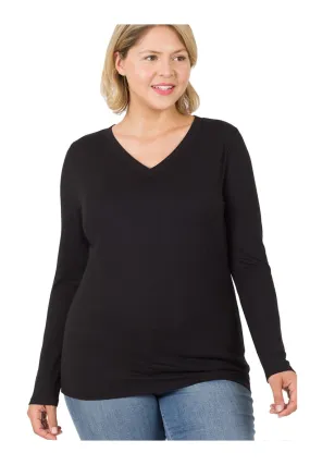 Curvy Basic Black V-neck Long Sleeve