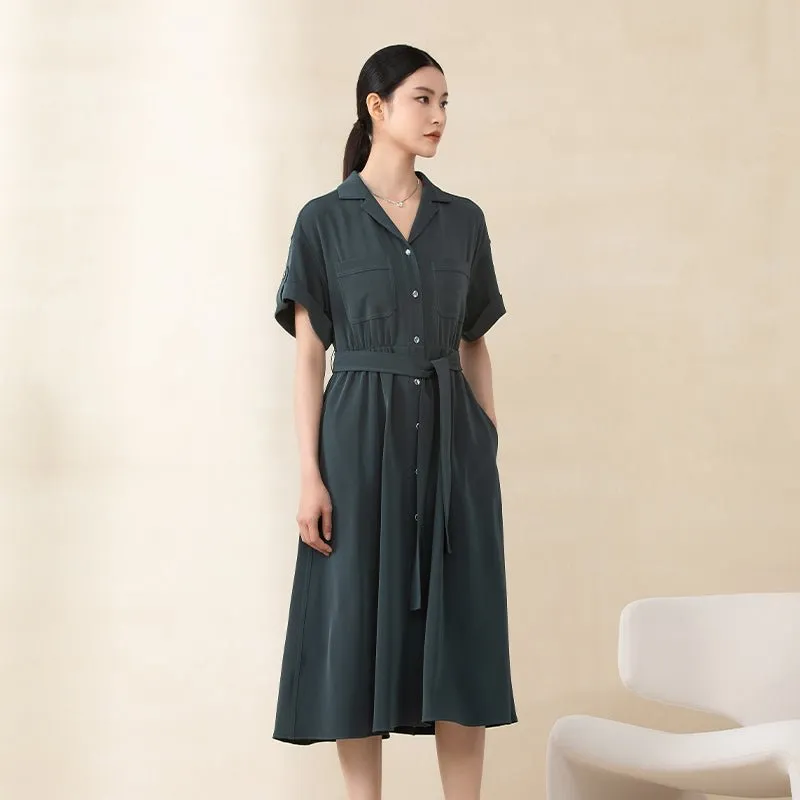 Dark Green Belted Waist Midi Dress with Buttons