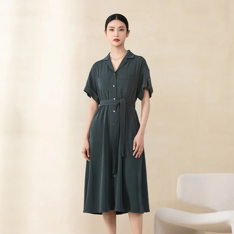 Dark Green Belted Waist Midi Dress with Buttons