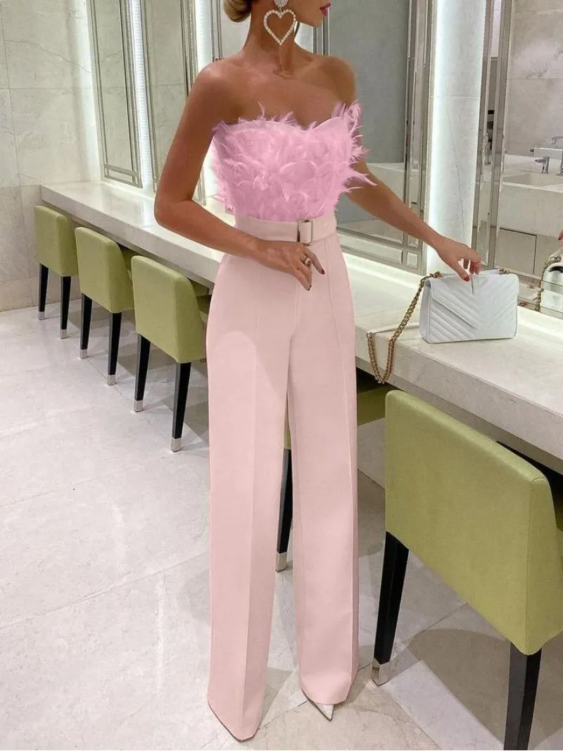 Designer Strapless Feather Bandeau Wide Leg Palazzo Jumpsuit