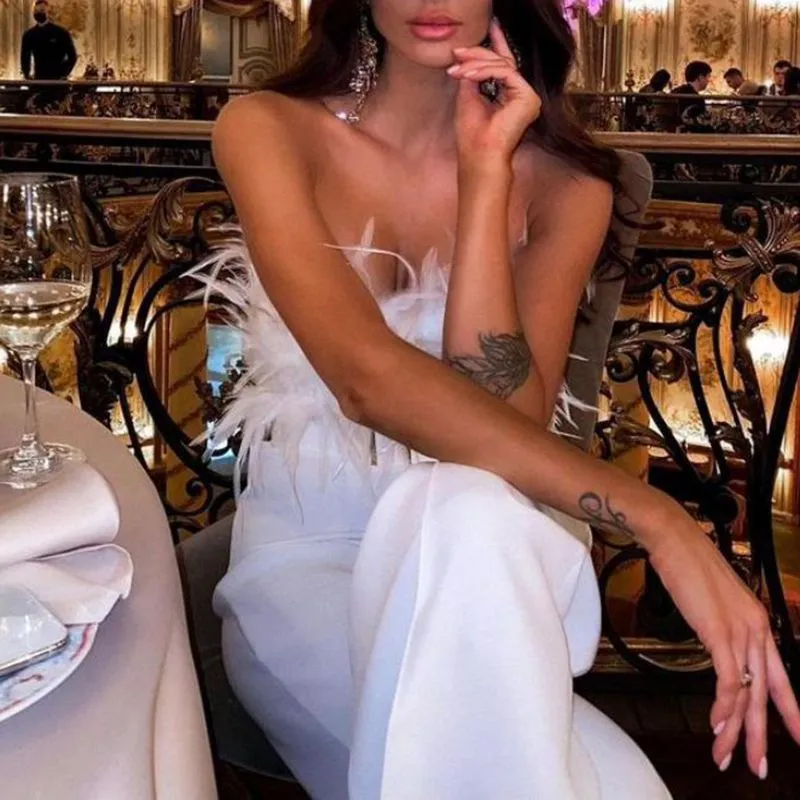 Designer Strapless Feather Bandeau Wide Leg Palazzo Jumpsuit