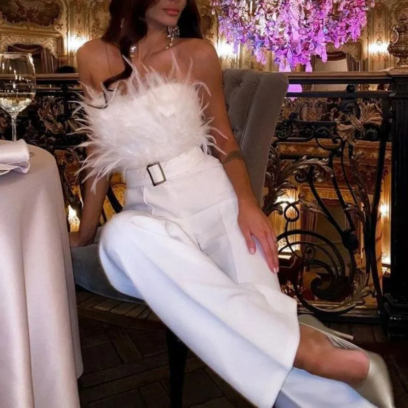 Designer Strapless Feather Bandeau Wide Leg Palazzo Jumpsuit