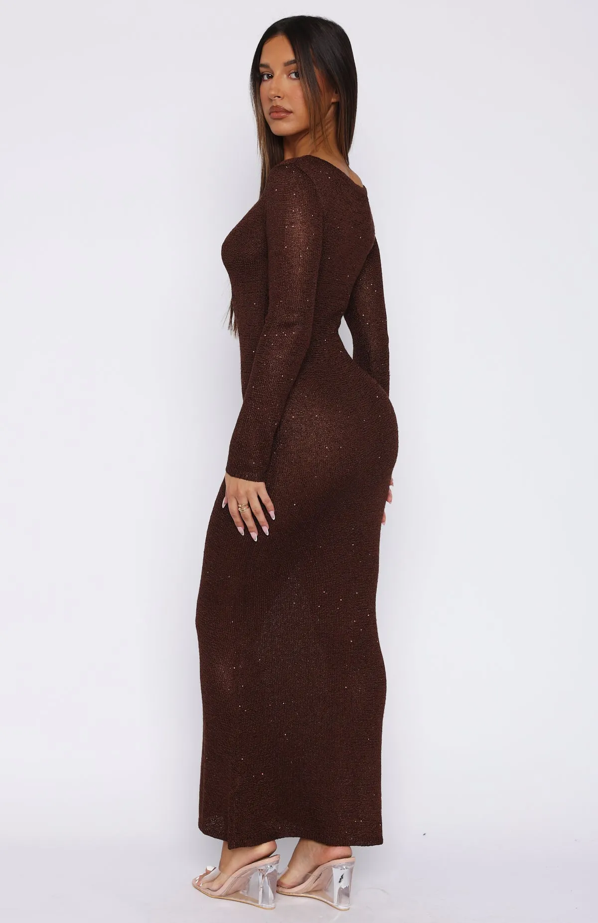 Divine Timing Long Sleeve Sequin Knit Maxi Dress Chocolate