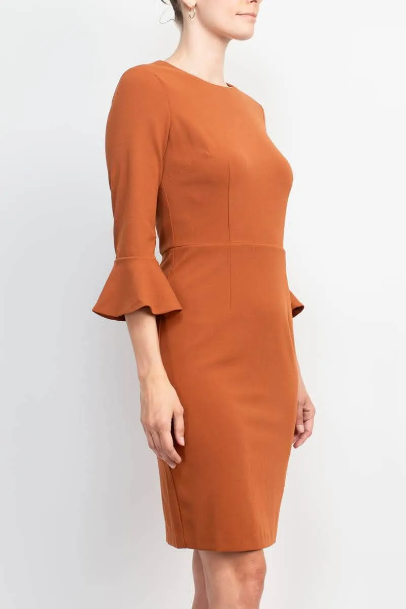 Donna Morgan Crew Neck Circular Flounce Sleeve Zipper Back Solid Crepe Dress