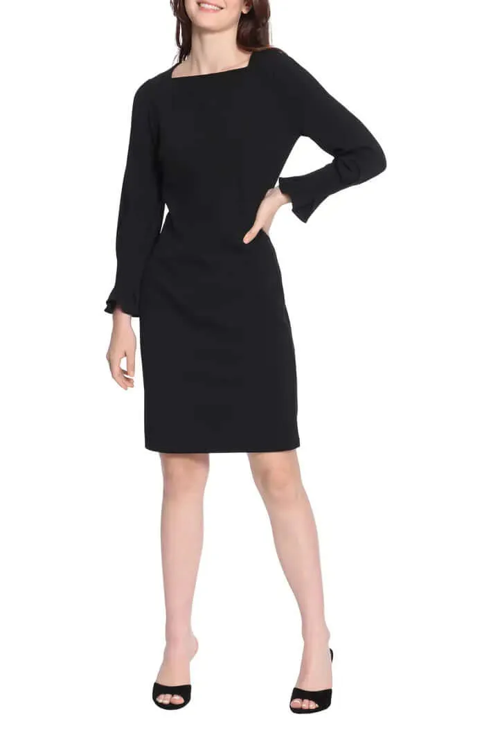 Donna Morgan Crew Neck Circular Flounce Sleeve Zipper Back Solid Crepe Dress