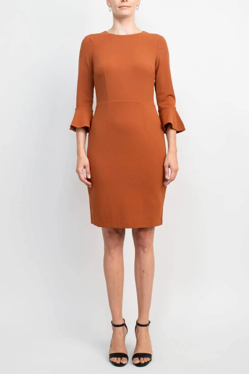 Donna Morgan Crew Neck Circular Flounce Sleeve Zipper Back Solid Crepe Dress