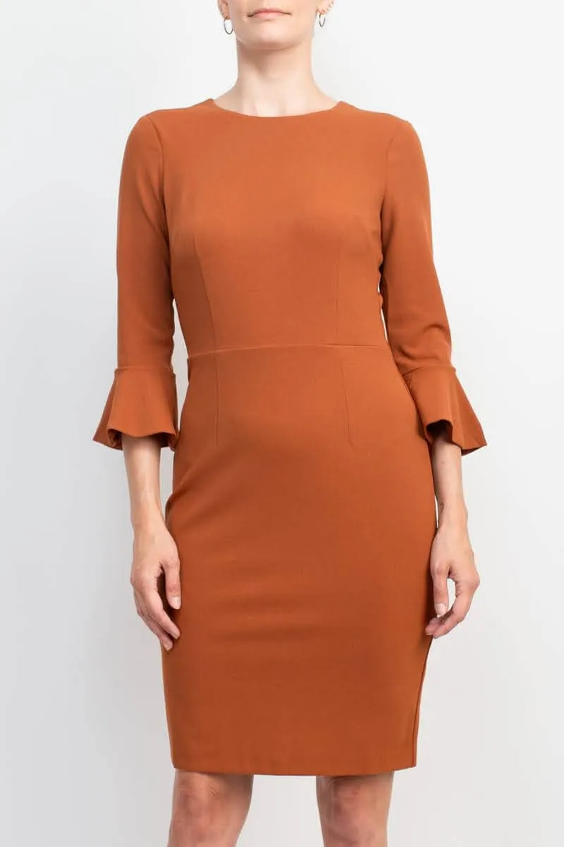 Donna Morgan Crew Neck Circular Flounce Sleeve Zipper Back Solid Crepe Dress