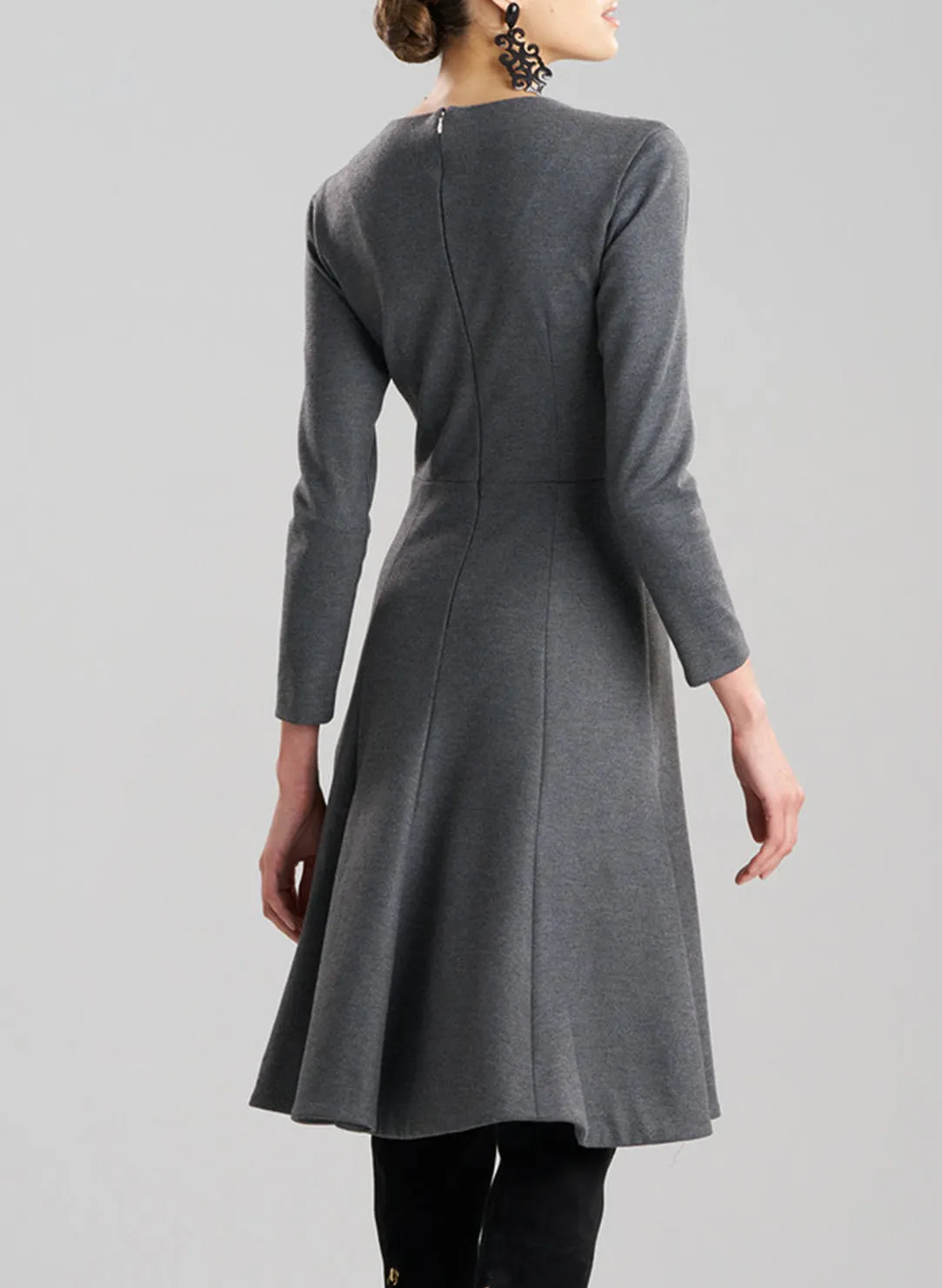 Double Jersey Charcoal Fluted Hem L/S Midi Dress