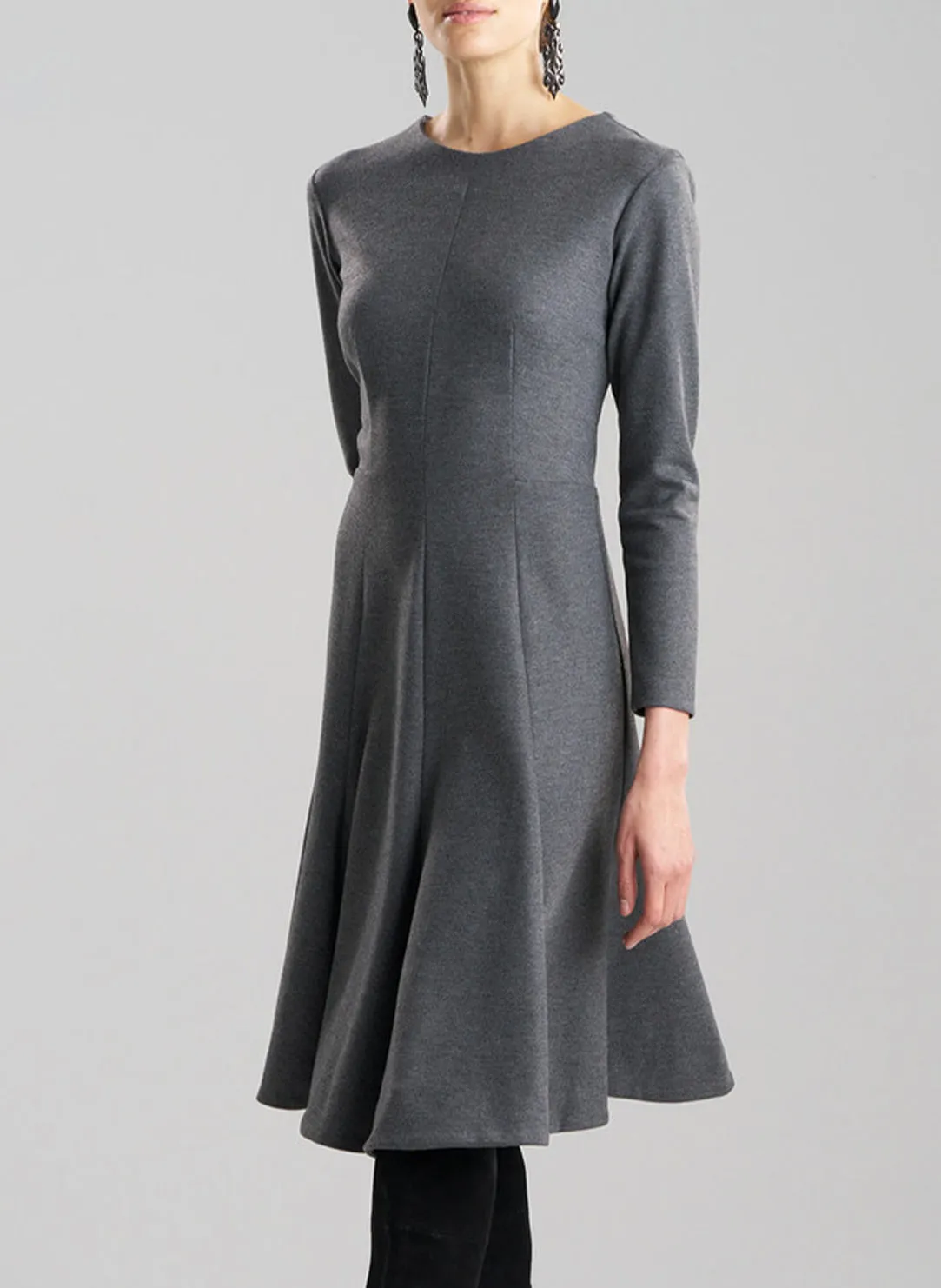 Double Jersey Charcoal Fluted Hem L/S Midi Dress