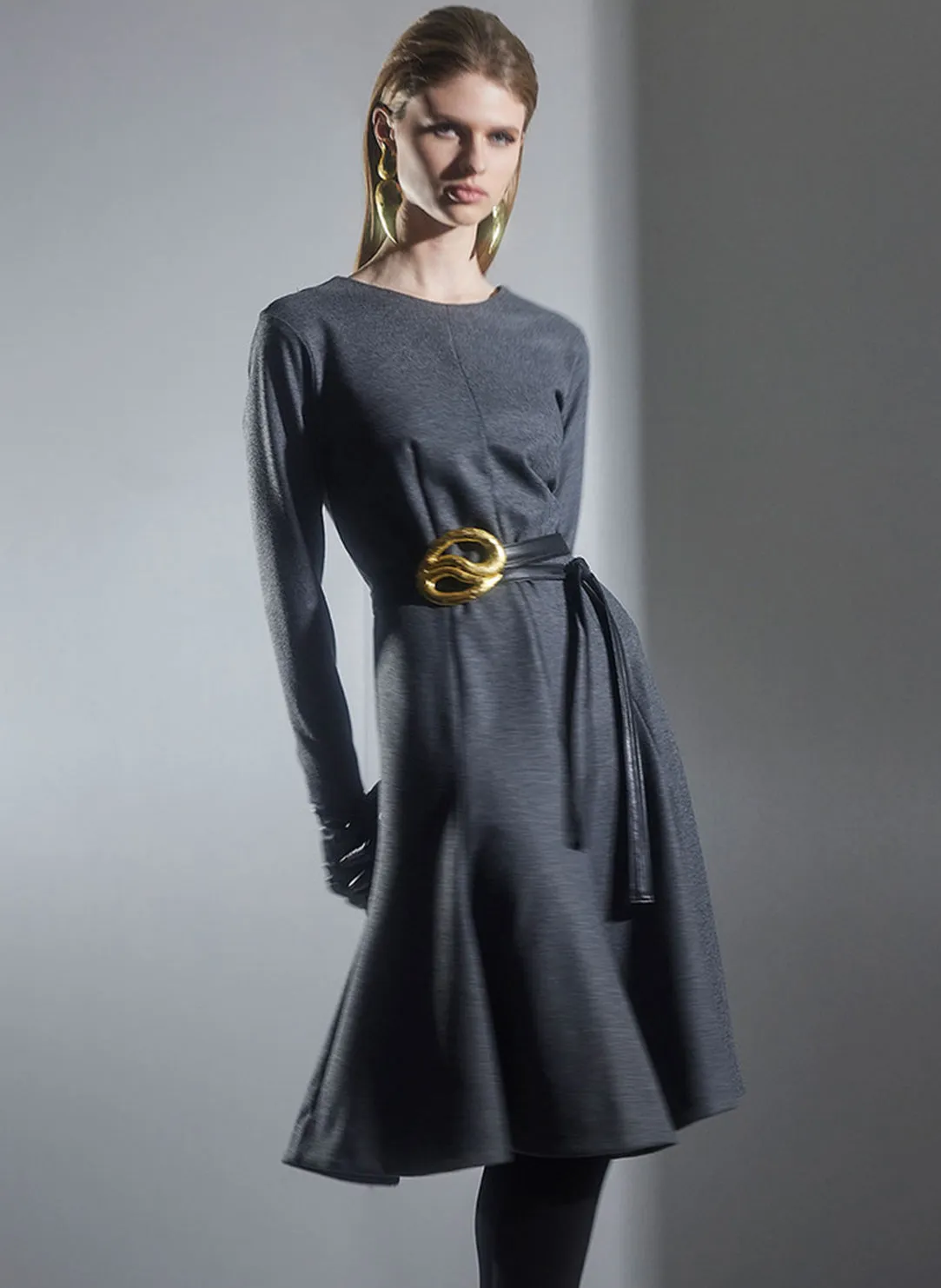 Double Jersey Charcoal Fluted Hem L/S Midi Dress