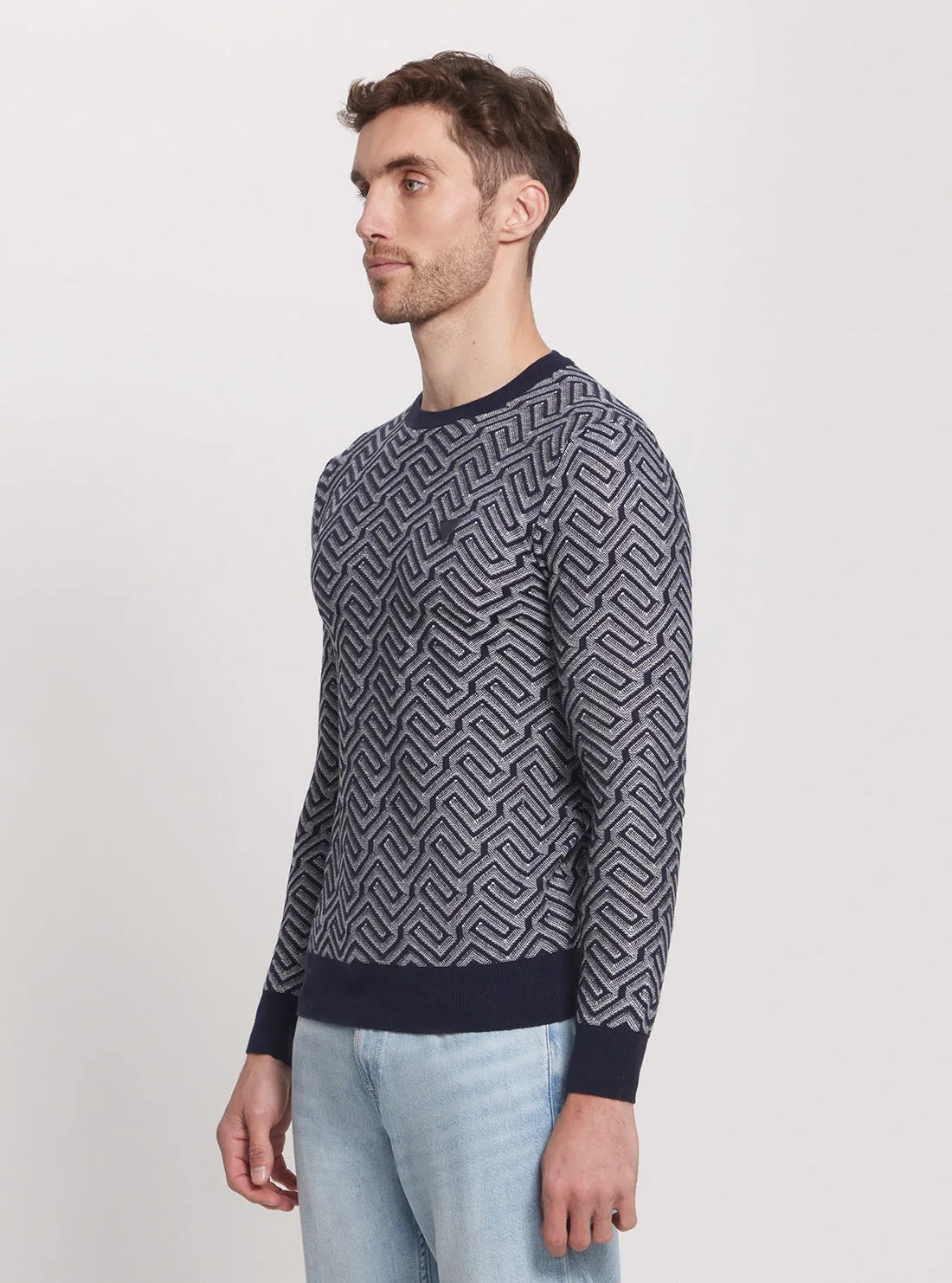 Eco Blue Geometric Print Knit Jumper