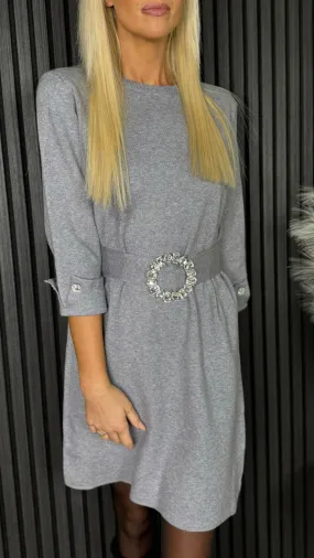 Eden Grey 3/4 Sleeve Knit Dress With Diamante Belt Detail