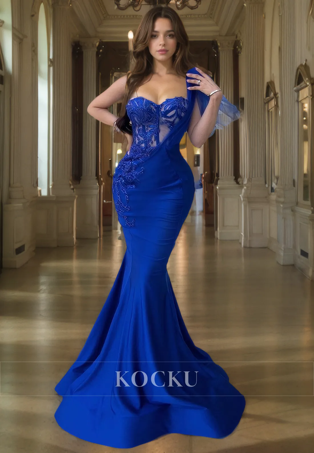 Elegant & Luxurious One Shoulder Appliques Mermaid Satin Evening Party Prom Dress