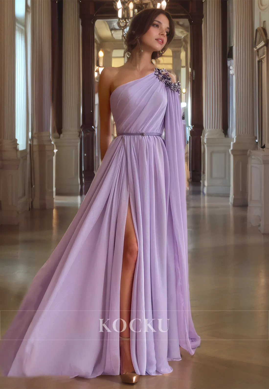 Elegant & Luxurious One Shoulder Cap sleeves A-Line Split Evening Party Prom Dress