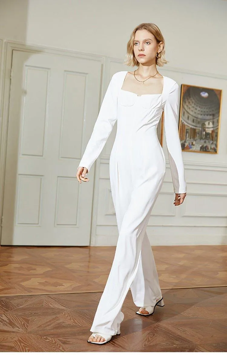 Elegant  Wide Leg Square Neck white cocktail professional work jumpsuit  -Blair