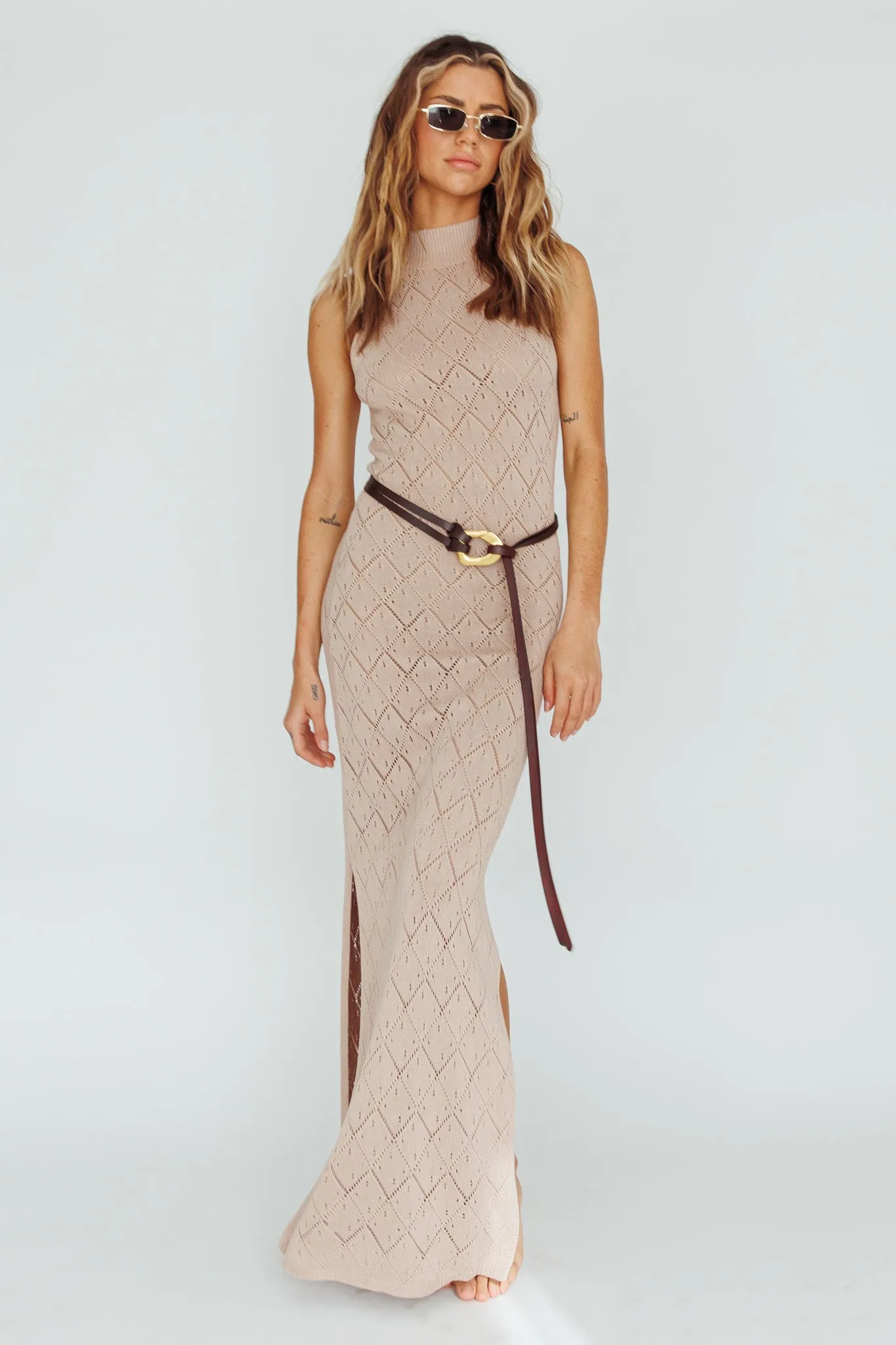 Elisa Sleeveless Crochet Maxi Dress Beige