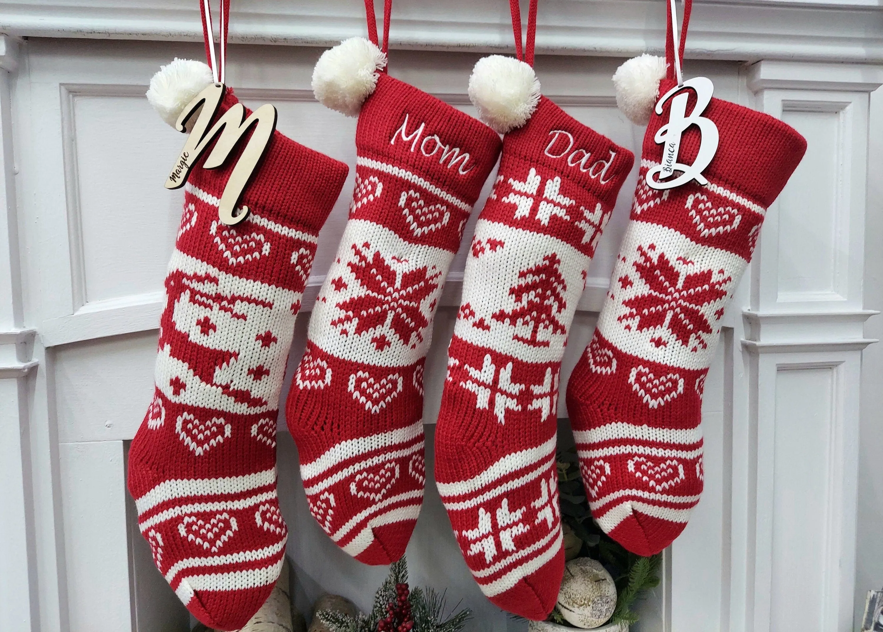 Embroidered Red White Fair Isle Personalized 20" Knitted Christmas Stockings Intarsia Knit Modern Snowflake Reindeer Tree Pom Pom Kids Xmas