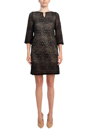 Emma & Michele Boat Neck Keyhole 3/4 Sleeve Illusion Lace Dress