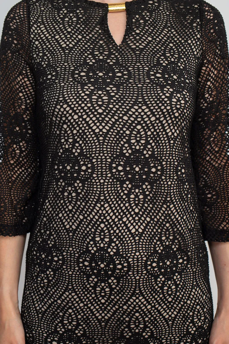 Emma & Michele Boat Neck Keyhole 3/4 Sleeve Illusion Lace Dress