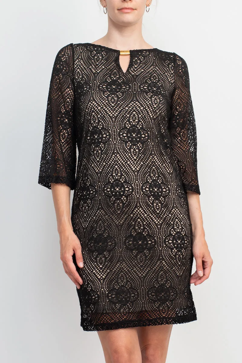 Emma & Michele Boat Neck Keyhole 3/4 Sleeve Illusion Lace Dress