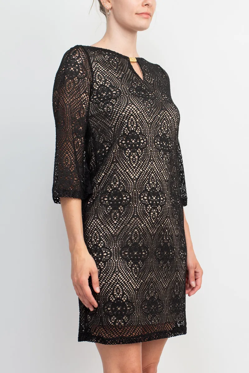 Emma & Michele Boat Neck Keyhole 3/4 Sleeve Illusion Lace Dress