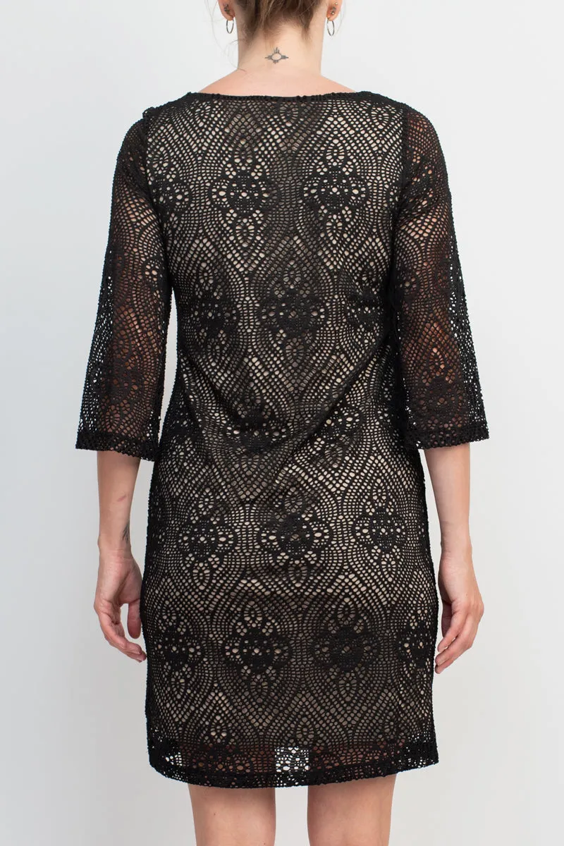 Emma & Michele Boat Neck Keyhole 3/4 Sleeve Illusion Lace Dress