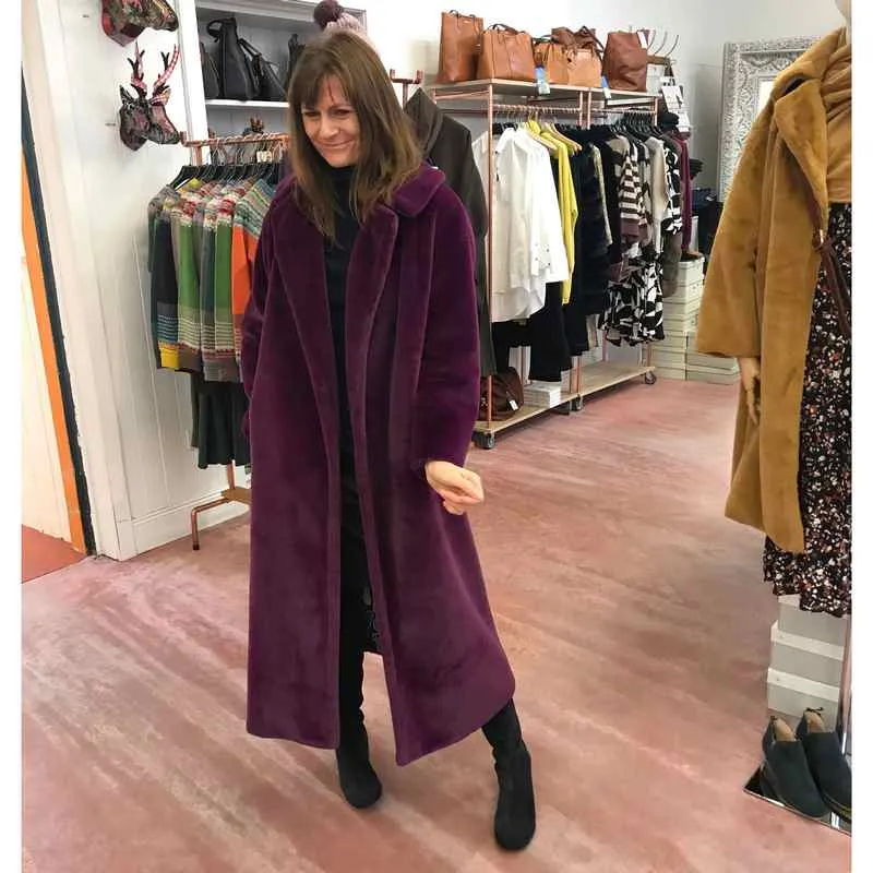 Faux Fur Maxi Coat in Plum