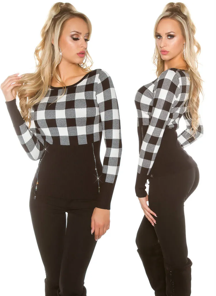 Feminine stylish Black checked knitwear Jumper top.size fits UK 8/10