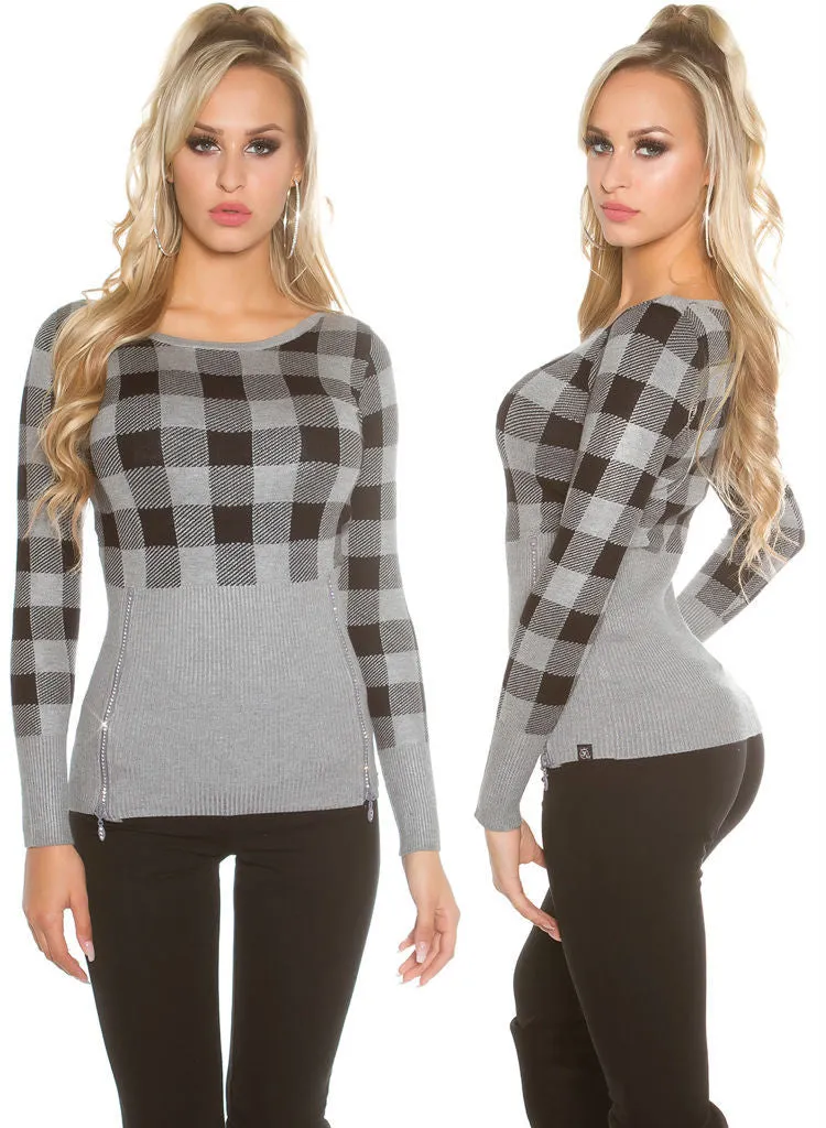 Feminine stylish Grey checked knitwear Jumper top. size fits UK 8/10