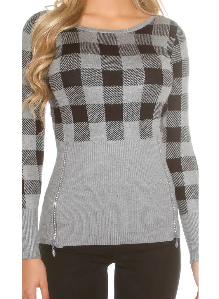 Feminine stylish Grey checked knitwear Jumper top. size fits UK 8/10