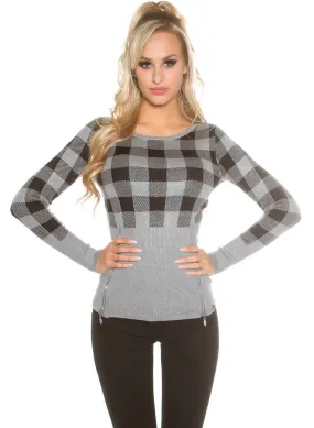 Feminine stylish Grey checked knitwear Jumper top. size fits UK 8/10