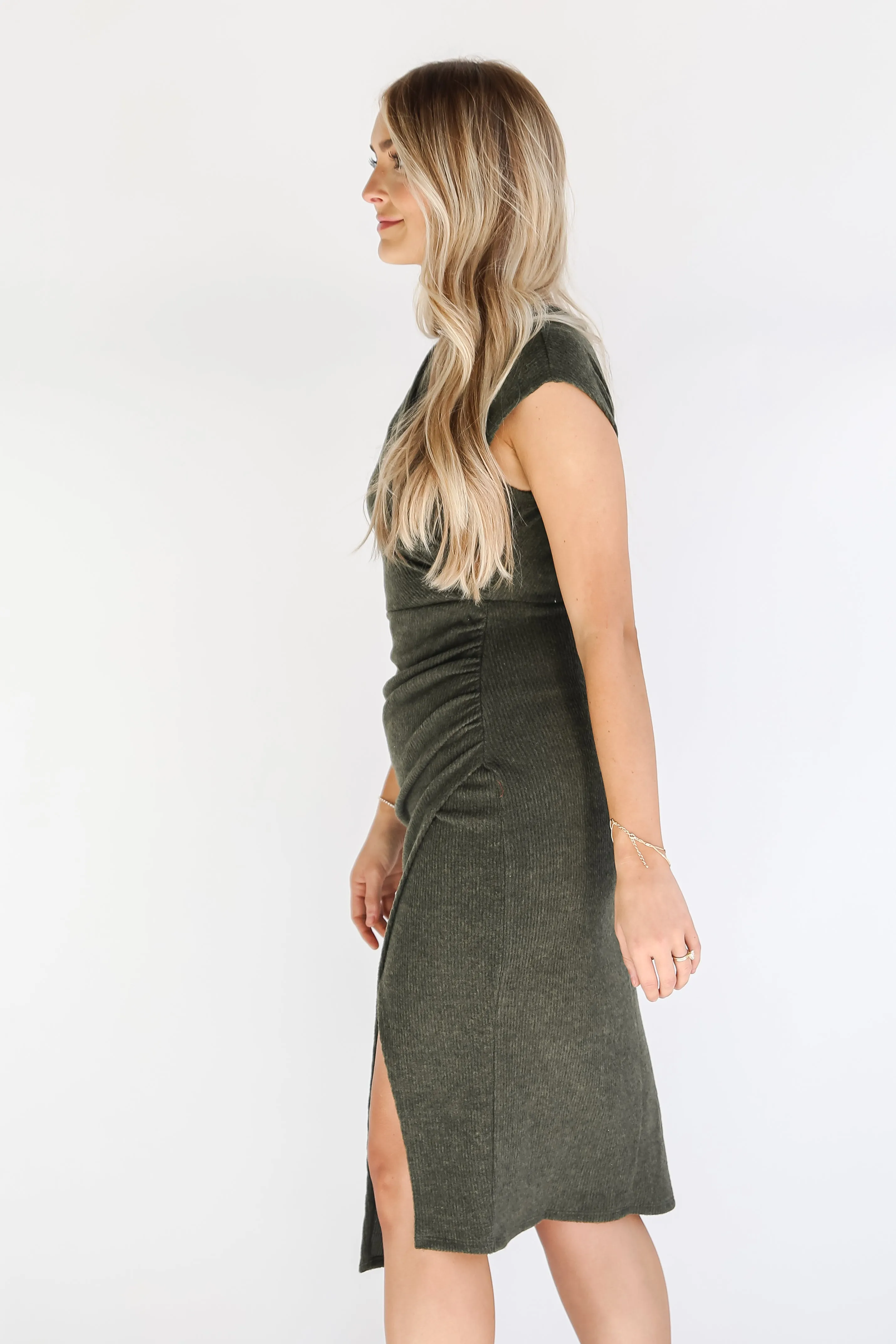 Flawless Energy Hunter Green Ribbed Knit Midi Sweater Dress