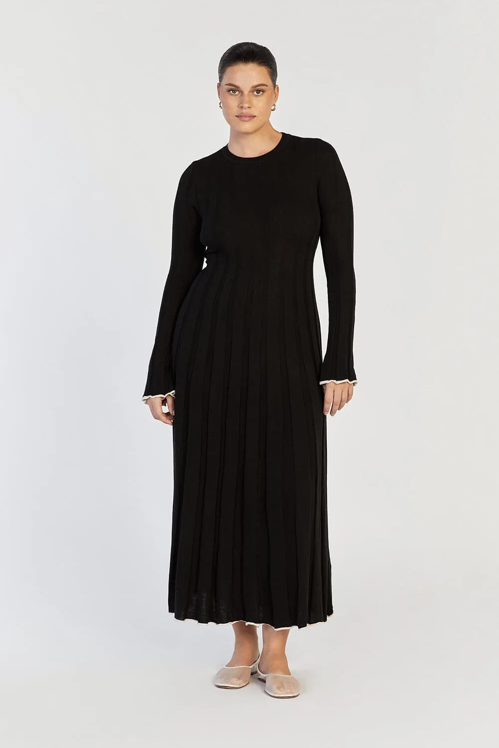 FLORA BLACK CONTRAST KNIT MIDI DRESS