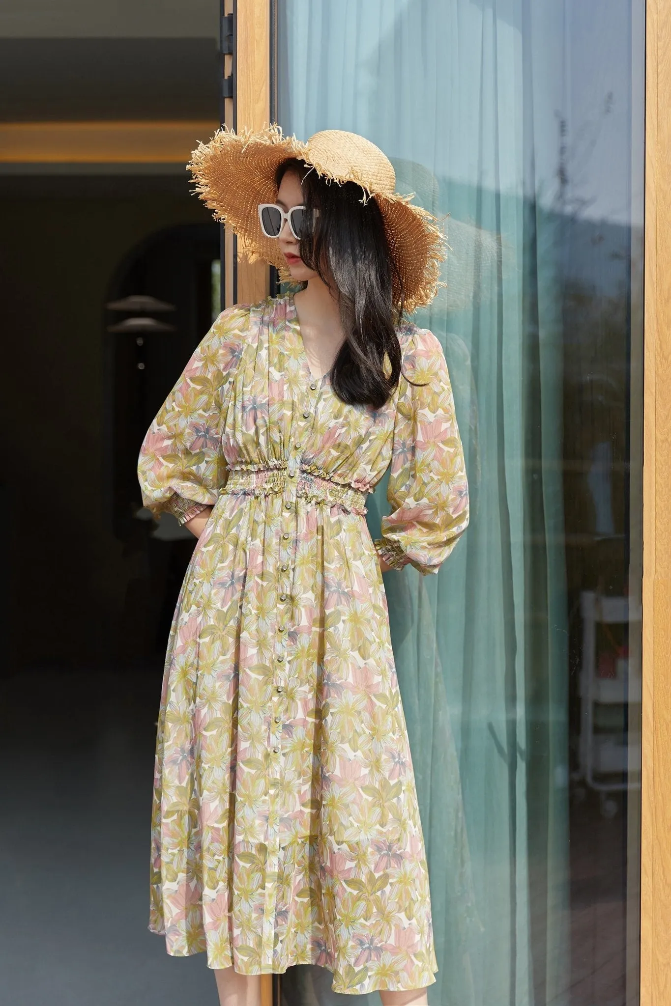 Floral High Waist Maxi Dress Long Sleeve