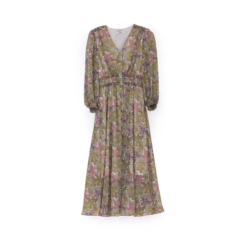 Floral High Waist Maxi Dress Long Sleeve