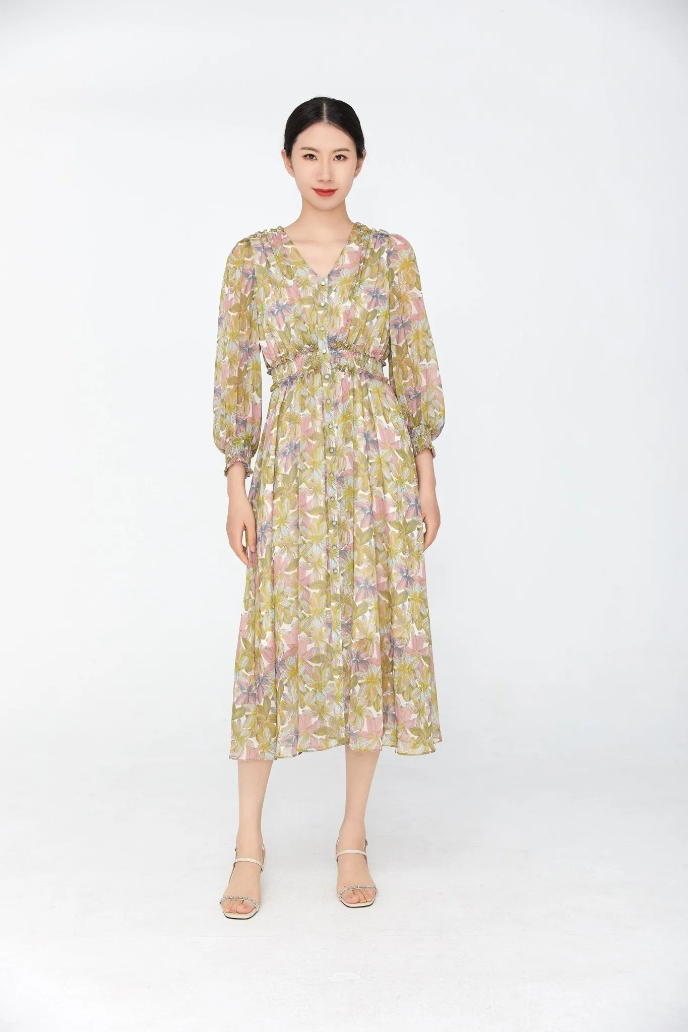 Floral High Waist Maxi Dress Long Sleeve