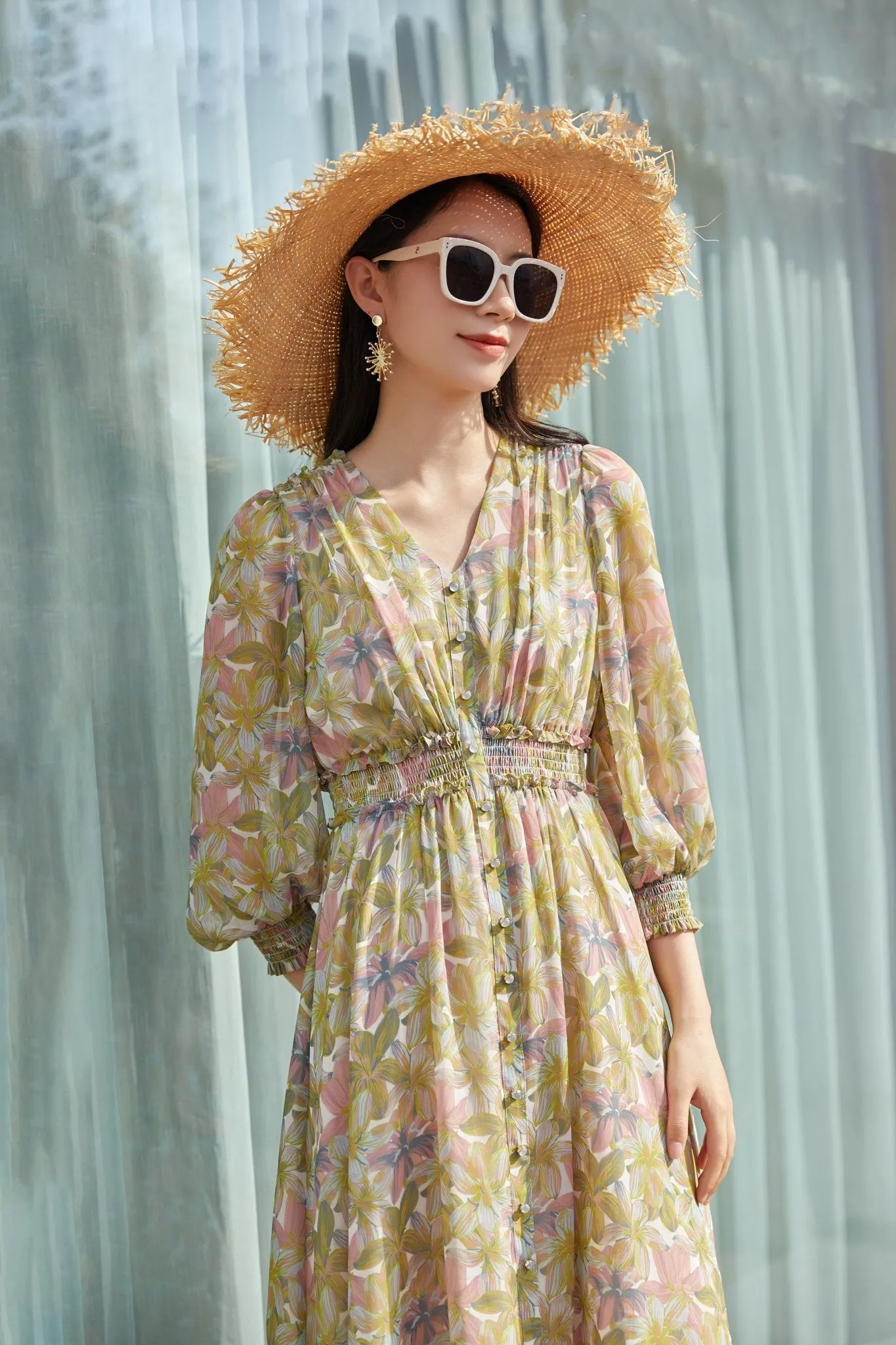 Floral High Waist Maxi Dress Long Sleeve